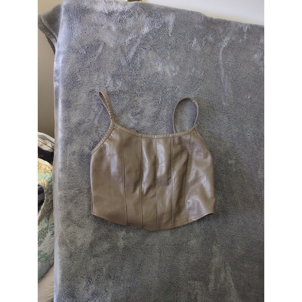 Kirious Tank Top Faux Leather Cropped Soft Back Zip Adjustable Brown Sz L